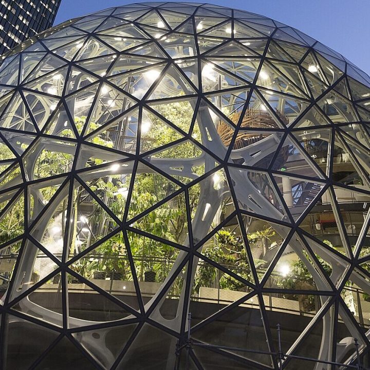 Seattle, Washington: The Amazon Spheres under construction at the Amazon Urban Campus in the Belltown neighborhood. The geodesic structures, which will house additiona